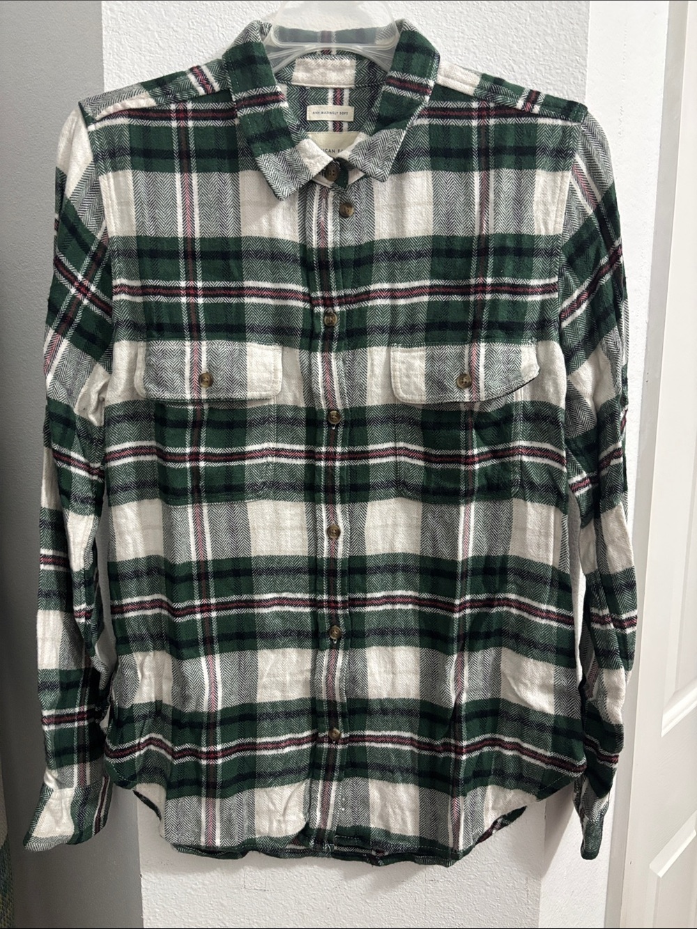 American Eagle Outfitters Green and White Plaid Flannel Shirt
